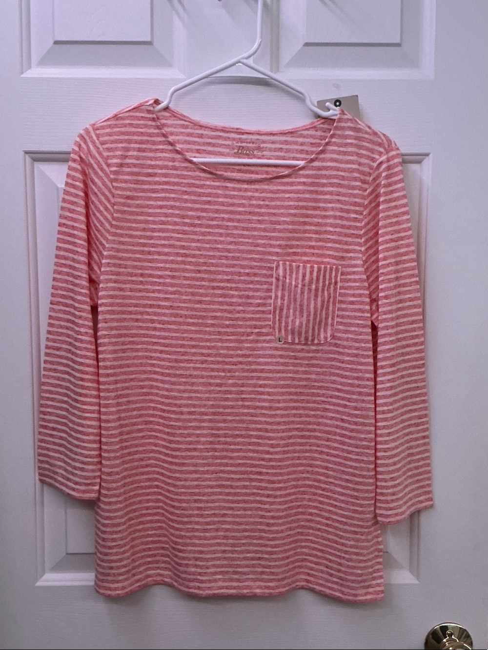 G.H. Bass & Co. Coral and White Striped Long-Sleeve Pocket Tee